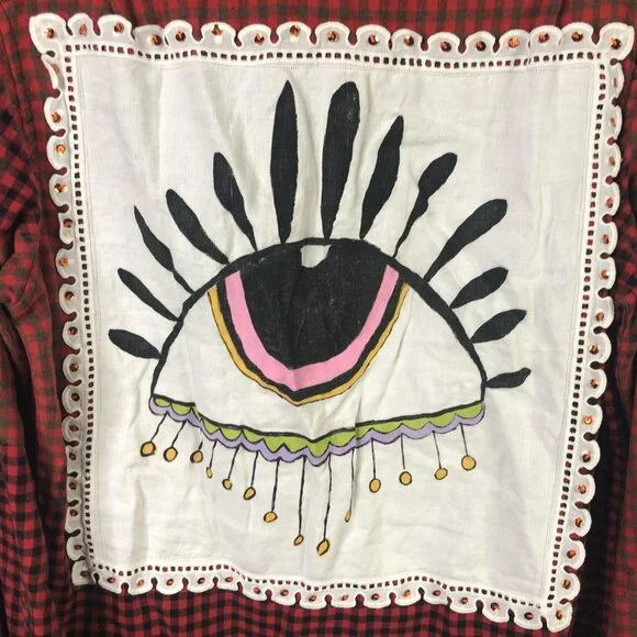 Timber June Shirt Large Red Check Flannel Evil Eye Sequin Back Boho Graphic - Picture 13 of 16